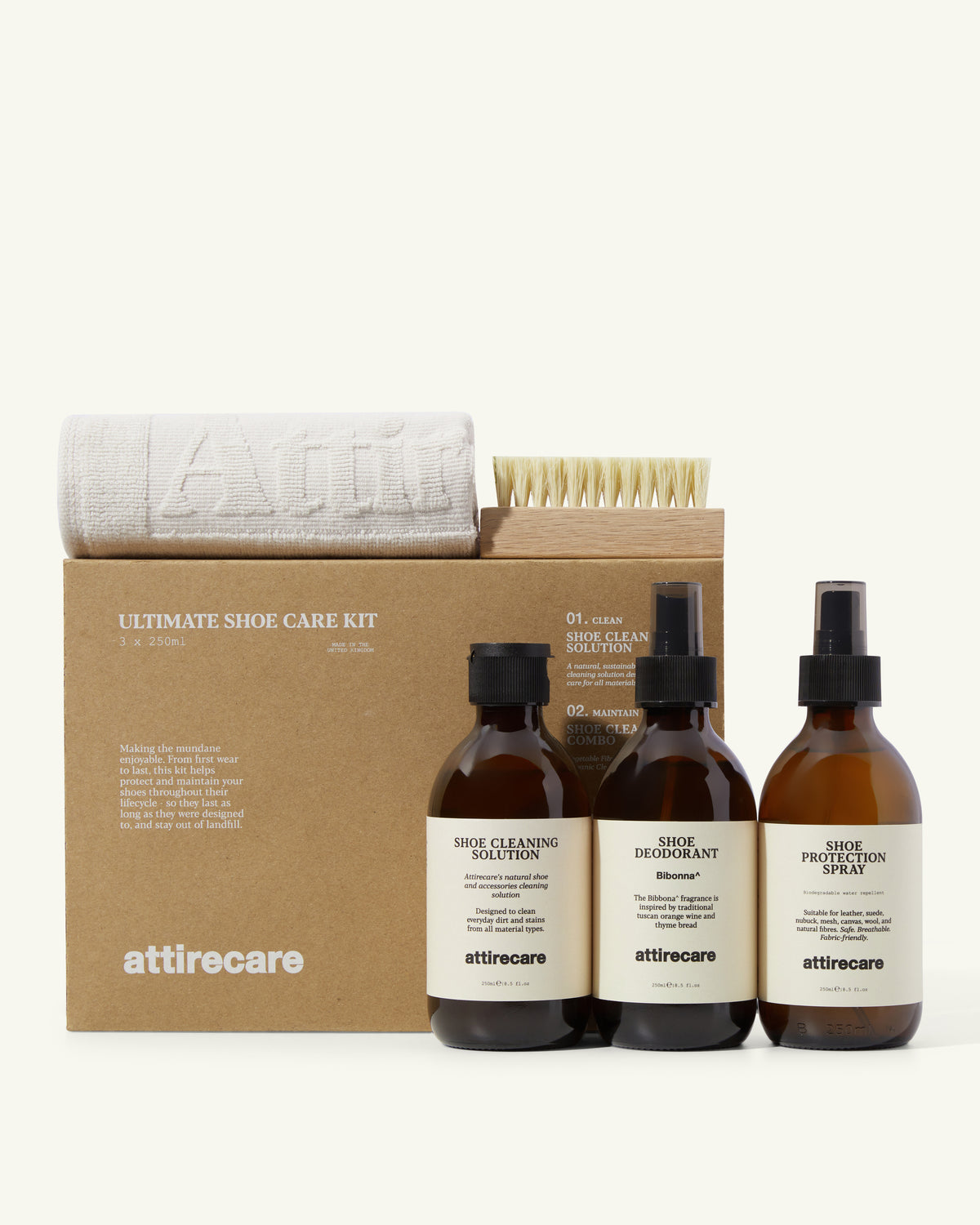 Attirecare shoe-care set with brush, cloth and three care bottles